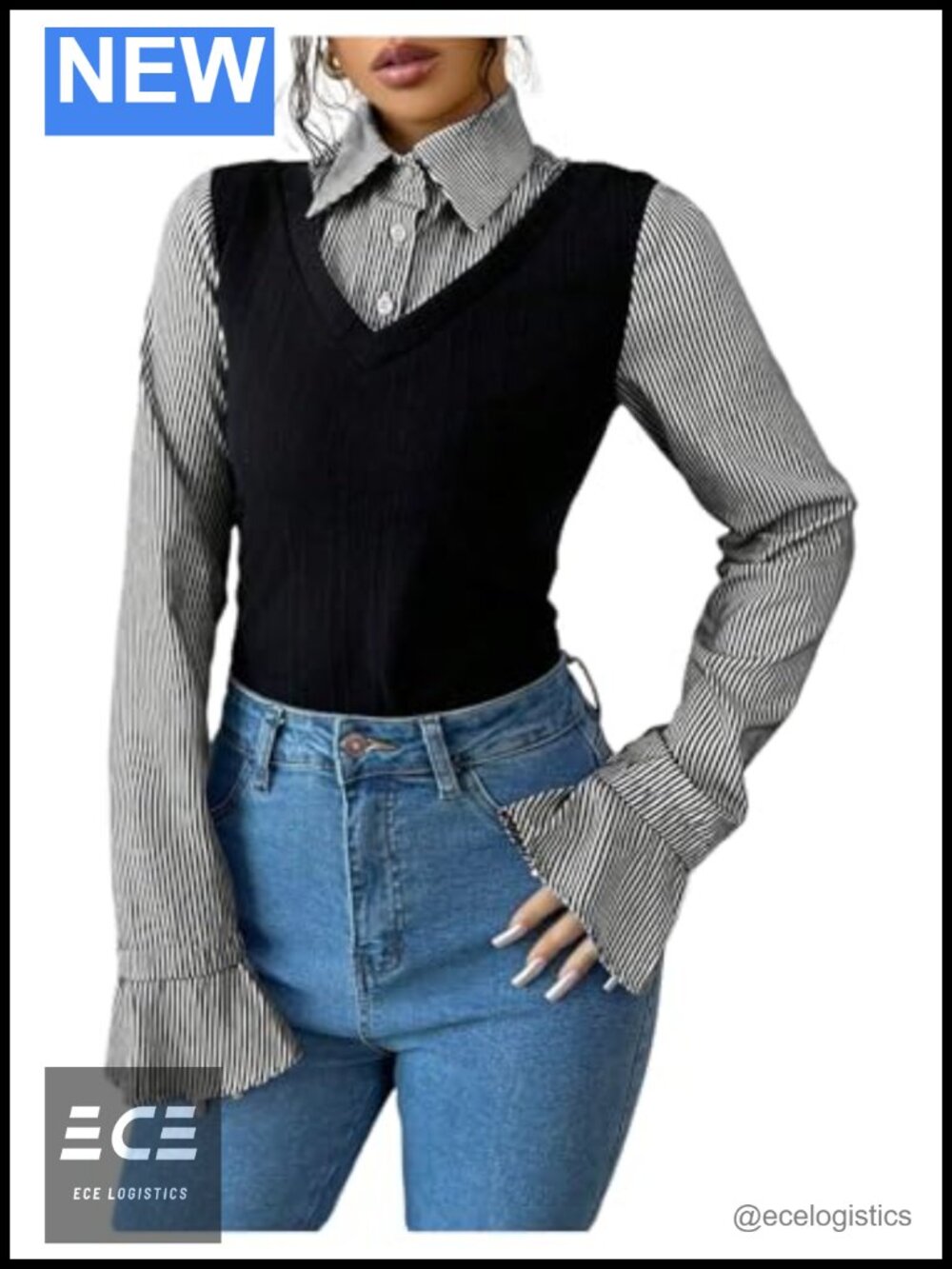 Women's Striped Collared Button Front Blouse Long Sleeve 2 in 1 Dressy Top